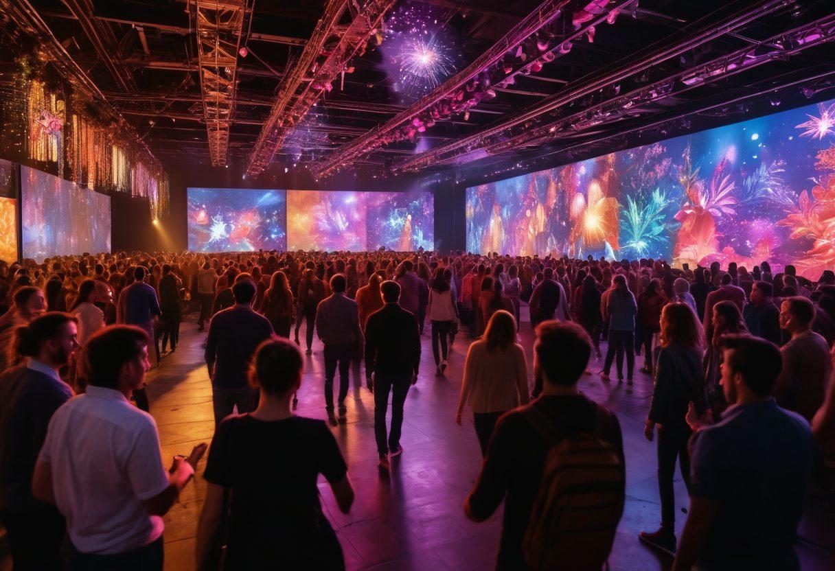 A vibrant and dynamic event scene with people joyfully interacting with multimedia displays, surrounded by colorful lights and engaging visuals. Include a large screen showcasing stunning AV effects and happy faces illuminated by the glow. Capture a sense of celebration, creativity, and connection among attendees. super-realistic. vibrant colors. immersive atmosphere.