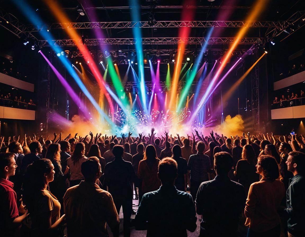 A vibrant and lively event scene showcasing a diverse gathering of people enjoying audiovisual entertainment, with colorful lights and dynamic sound waves visualized around them. Include a large screen displaying a beautiful presentation, and musicians performing, while guests dance and interact joyfully. The atmosphere should be filled with energy and excitement, radiating happiness and connection. vibrant colors. super-realistic.