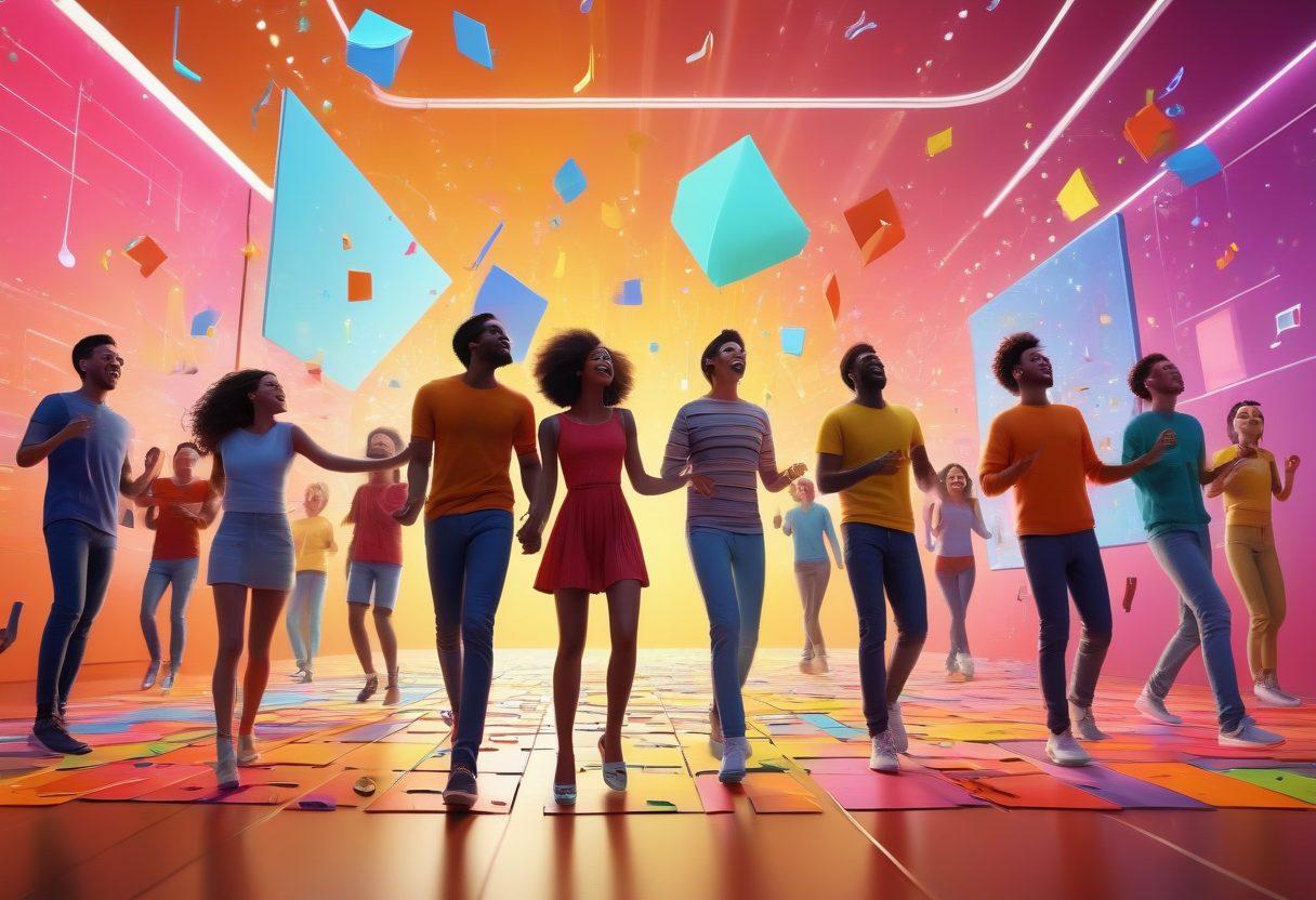 A vibrant and colorful scene depicting a diverse group of people interacting with various multimedia elements, such as screens displaying joyful animations, digital art, and interactive installations. The background is filled with bright, lively colors, reflecting happiness and creativity. Include elements like musical notes and playful graphics enhancing the cheerful atmosphere. Style: super-realistic. vibrant colors. 3D.